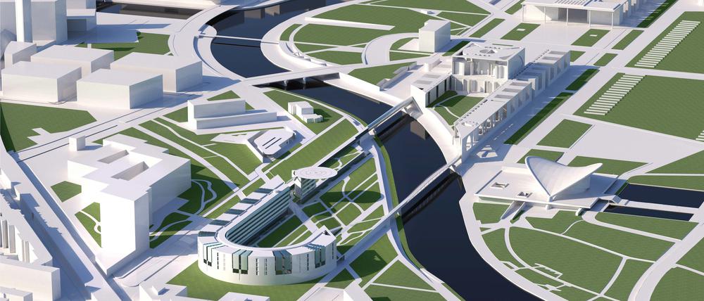 Westlich der Spree soll der Erweiterungsbau für das Kanzleramt entstehen (untere Bildhälfte).