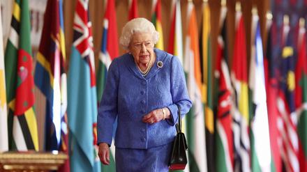 Die Queen vor den Flaggen des Commonwealth
