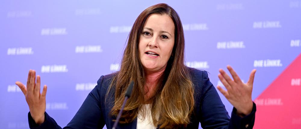 Janine Wissler, Parteivorsitzende, der Partei Die Linke, stellt die Kampagne „Menschen entlasten. Preise deckeln. Übergewinne besteuern“. im Herbst 2022 vor.
