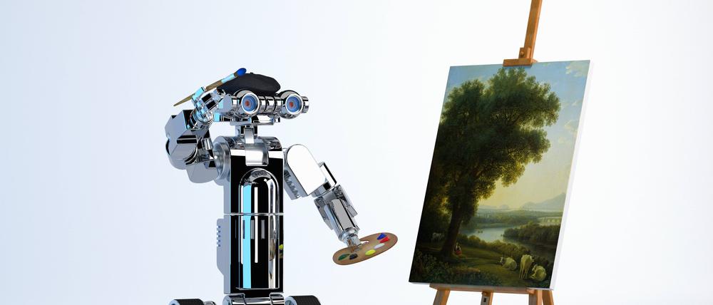 Roboter-Maler malt auf einer Leinwand 