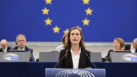 Die finnische Premierministerin Sanna Marin bei ihrer Rede vor dem EU-Parlament am Dienstag.