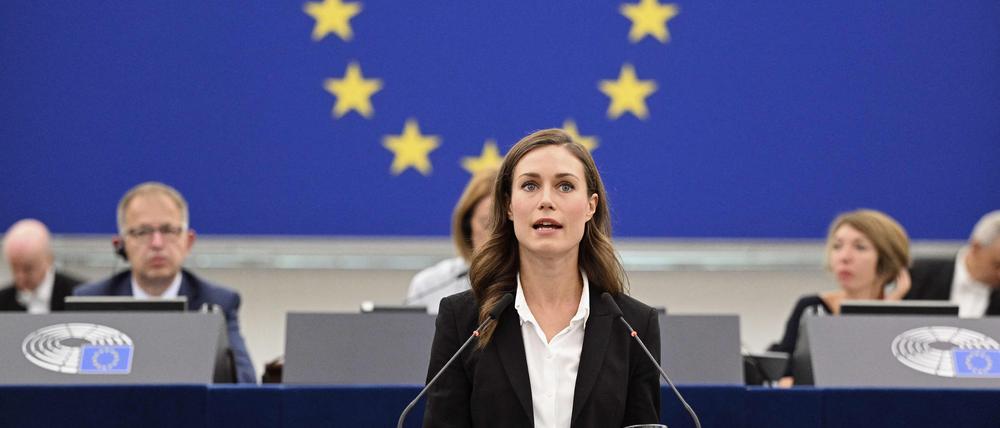 Die finnische Premierministerin Sanna Marin bei ihrer Rede vor dem EU-Parlament am Dienstag.
