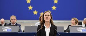 Die finnische Premierministerin Sanna Marin bei ihrer Rede vor dem EU-Parlament am Dienstag.