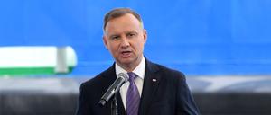 Der polnische Präsident Andrzej Duda während der Eröffnungszeremonie des Schifffahrtskanals am 17. September 2022.