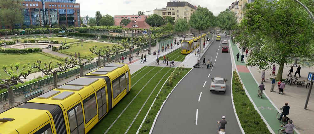 So stellen sich die Planer die Tram am Mierendorffplatz vor - in Mittenlage.
