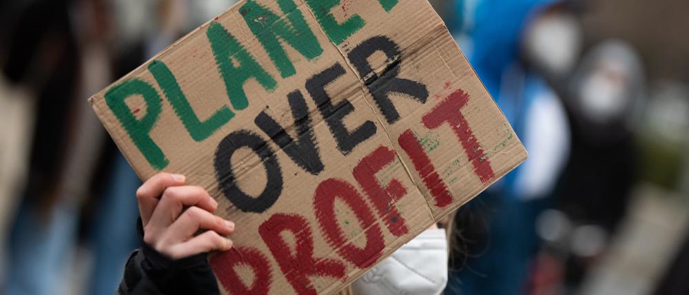 Bei einer Demonstration der Klimaaktivisten Fridays For Future trägt eine Teilnehmerin ein Plakat mit der Aufschrift „Planet over Profit“.