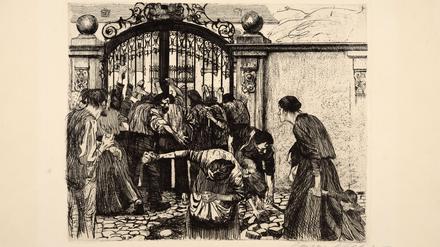 Durchbruch im Kunstbetrieb. Den erlebte Kollwitz mit dem Weber-Zyklus, 1893–1897, inspiriert von Gerhard Hauptmanns Drama. Hier das Blatt „Sturm“. 