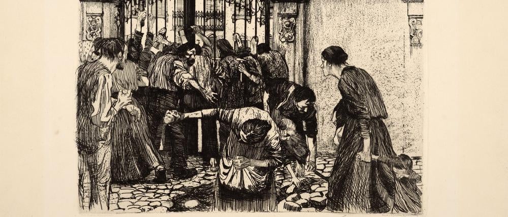Durchbruch im Kunstbetrieb. Den erlebte Kollwitz mit dem Weber-Zyklus, 1893–1897, inspiriert von Gerhard Hauptmanns Drama. Hier das Blatt „Sturm“.