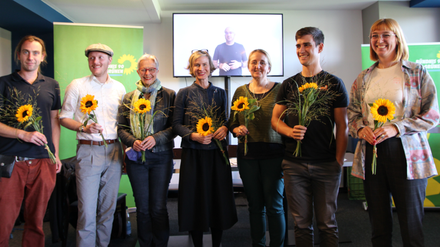 der neue Kreisvorstand der Grünen in Potsdam Sept 2022: v.l.n.r.: Stefan Schneider, Thomas Jaeschke, Petra Müller-Glodde, Katharina Erbeldinger, Eva Becher, Jonas Höhne u. Anna Posenauer.