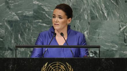 Die ungarische Staatspräsidentin Katalin Novak spricht auf der 77. Sitzung der UN-Generalversammlung im UN-Hauptquartier. 
