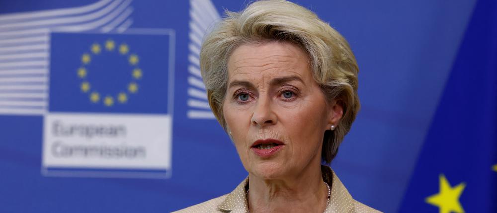 European Commission President Ursula von der Leyen addresses the media on the Ukraine crisis, in Brussels, Belgium, September 28, 2022. REUTERS/Yves Herman