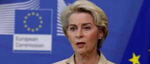 European Commission President Ursula von der Leyen addresses the media on the Ukraine crisis, in Brussels, Belgium, September 28, 2022. REUTERS/Yves Herman