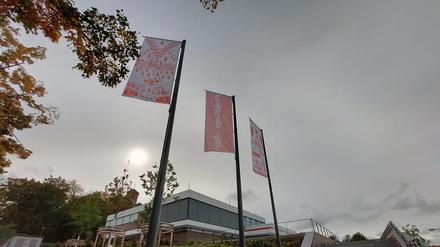 „Such a Minsk“ nennt die belarussische Künstlerin Rufina Bazlova die von ihr entworfenen Fahnen vor dem Kunstmuseum.