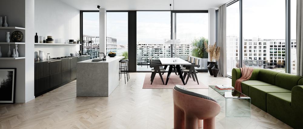 „NeuHouse“ ist ein Ensemble, bestehend aus einem denkmalgeschützten Altbau aus den Jahren 1847/48 und einem modernen Neubau. Absolutes Highlight ist das zweiseitig verglaste Penthouse, das seinen neuen Bewohnern einen spektakulären Ausblick über die Dächer Berlins, den angrenzenden Besselpark und das umliegende Kreativ-Quartier Kreuzbergs bietet. Auch die ca. 26 Quadratmeter große Dachterrasse mit Westausrichtung, die von jedem Zimmer zugänglich ist, lädt zum Verweilen ein und bietet die perfekte Kulisse für einen „Sundowner“.