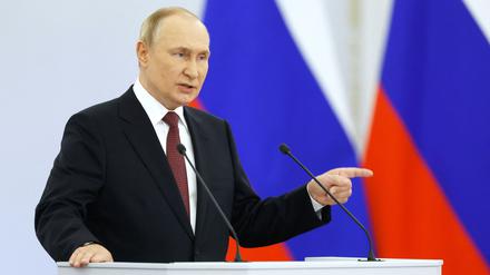 Russian President Vladimir Putin gives a speech during a ceremony formally annexing four regions of Ukraine Russian troops occupy - Lugansk, Donetsk, Kherson and Zaporizhzhia, at the Kremlin in Moscow on September 30, 2022. (Photo by Dmitry ASTAKHOV / SPUTNIK / AFP)
