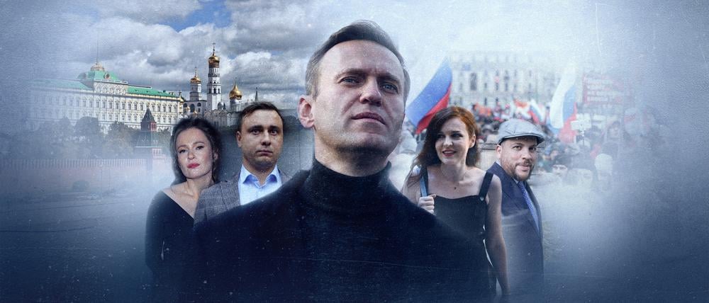 Während Alexej Nawalny (vorne) hinter Gittern sitzt, arbeiten Maria Pewtschich, Iwan Schdanow, Kira Jarmysch und Leonid Wolkow am Sturz des Putin-Regimes.