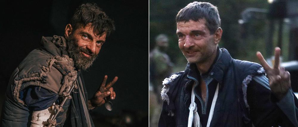 Der ehemalige Asovstal-Kämpfer Mykhailo Dianow vor und nach der russischen Kriegsgefangenschaft.