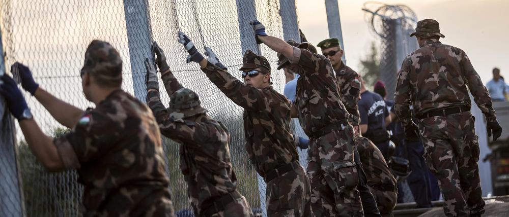 Ungarische Soldaten errichten am 14.09.2015 in Röszke an der Grenze zwischen Serbien und Ungarn einen Zaun.