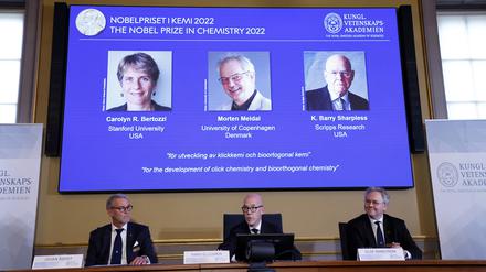 Der Generalsekretär der Königlich Schwedischen Akademie der Wissenschaften, Hans Ellegren (Mitte), gab die Gewinner des Nobelpreises für Chemie bekannt.