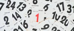 ILLUSTRATION: Viele abgerissene Kalenderblätter liegen um das Blatt mit dem Datum 1. Januar am 01.01.2015 auf einem Tisch in Sieversdorf (Brandenburg). Foto: Patrick Pleul/dpa +++(c) dpa - Bildfunk+++