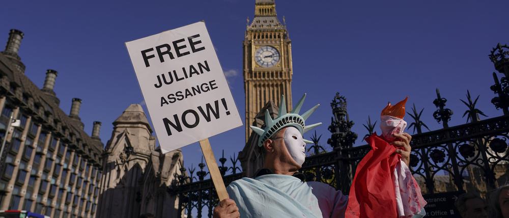Eine Person demonstriert für die Unterstützung des WikiLeak-Gründers Assange. 