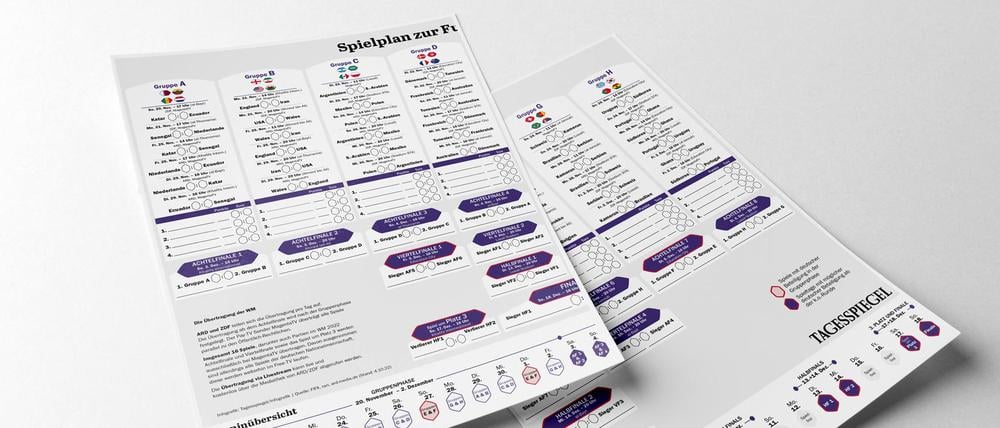 Der WM Spielplan 2022 vom Tagesspiegel auf zwei Seiten zum Ausdrucken