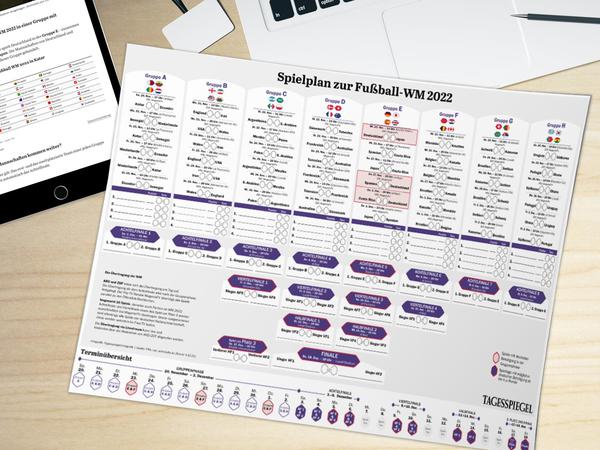 Ein Fußball WM-Spielplan 2022 als PDF zum Ausdrucken liegt auf einem Tisch.