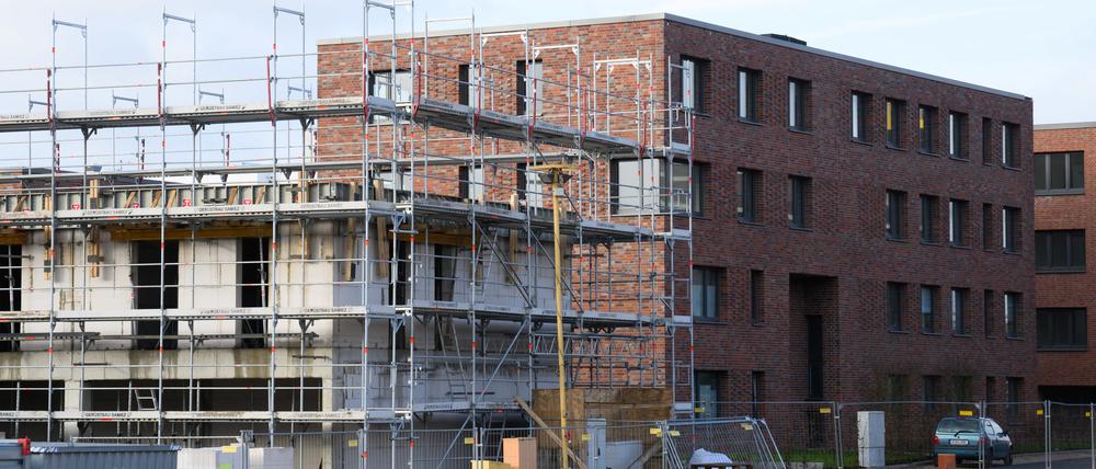Mehrfamilienhäuser mit Wohnungen werden in einem Neubaugebiet gebaut.