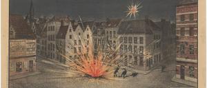 Erinnerung an den nächtlichen Überfall auf Antwerpen 24./25. August 1914, Zweisprachiges Plakat.

 