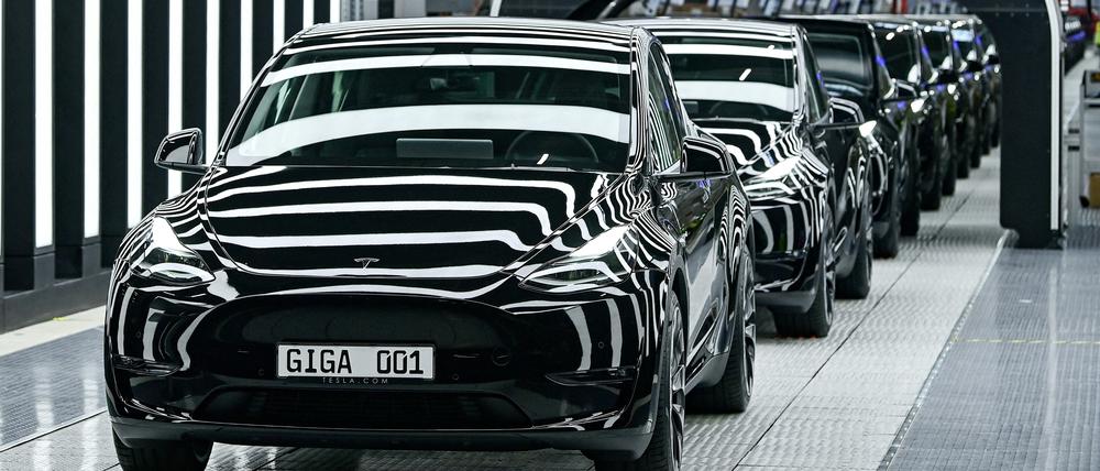 FILE PHOTO: Model Y cars are pictured at theTesla Gigafactory for electric cars in Gruenheide, Germany, March 22, 2022. Patrick Pleul/Pool via REUTERS/File Photo