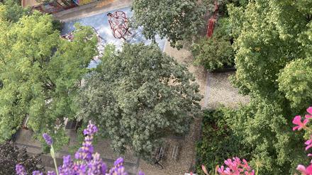 Das ist die Spielstraße Neue Steinmetzstraße, von oben betrachtet.