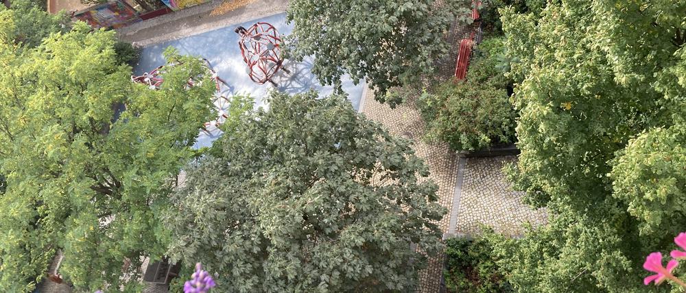 Das ist die Spielstraße Neue Steinmetzstraße, von oben betrachtet.