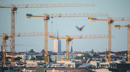 Kräne stehen durch die Berliner Skyline über dem Bezirk Mitte. +++ dpa-Bildfunk +++