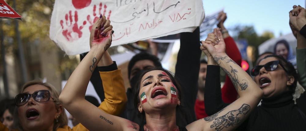 Iranische Frauen während einer Demonstration in der Türkei.