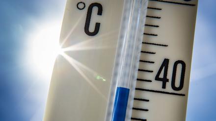 Ein Außenthermometer zeigt vor dem blauen Himmel und der Sonne eine Temperatur von nahezu 40 Grad Celsius an. 