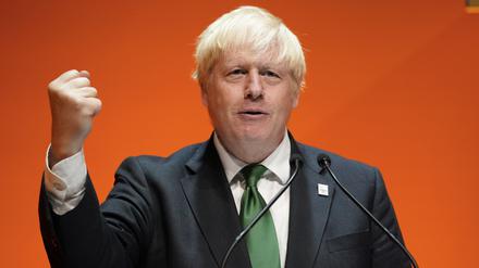 Boris Johnson, damals Premierminister von Großbritannien spricht während des Commonwealth Business Forums im ICC. 
