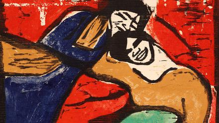 Erich Heckels Farbholzschnitt „Zwei ruhende Frauen“ von 1909.