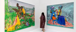 Blick in den Messestand der Pariser Galerie Mangin-A mit einer Solopräsentation des jungen Malers Hilary Balu.