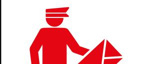 Postman icon. This flat rounded square button uses red and white colors and isolated on a black background. , 19470818.jpg, black background, button, cap, carrier, carry, carton, communication, correspondence, courier, deliver, delivery, driver, e-mail, email, envelope, express, glyph, human, icon, iconic, isolated, job, letter, logistics, mail, mailbox, mailing, male, man, message, messenger, pack, package, packaging, packet, parcel, person, pictogram, post, postage, postal, postcard, postman, profession, receive, red and white glyph, rounded, send, service, shipment,