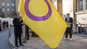 Die Inter-Flagge wird am Welttag der Intergeschlechtlichkeit in Berlin gehisst.