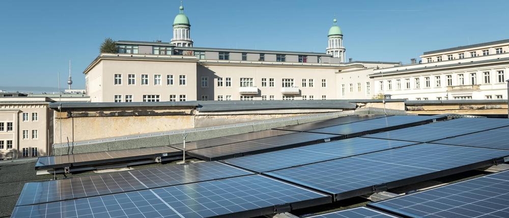 Das Dach des Friedrichshainer Gymnasiums beim Frankfurter Tor ist größtenteils mit Solarmodulen belegt - der Bezirk und die Schule profitieren davon.
