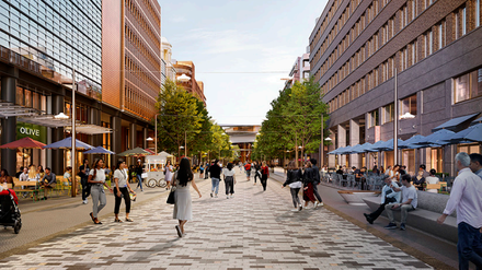 Blick in die Zukunft mit Fußgängerzone.