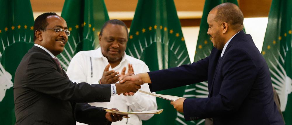 Redwan Hussien Rameto (L), Vertreter der äthiopischen Regierung, und Getachew Reda (R), Vertreter der Volksbefreiungsfront von Tigray (TPLF), schütteln sich während einer Pressekonferenz zu den von der Afrikanischen Union geführten Verhandlungen zur Beilegung des Konflikts in Äthiopien in den Büros des Ministeriums für internationale Beziehungen und Zusammenarbeit (DIRCO) in Pretoria am 2. November 2022 die Hände über ein Friedensabkommen zwischen den beiden Parteien.