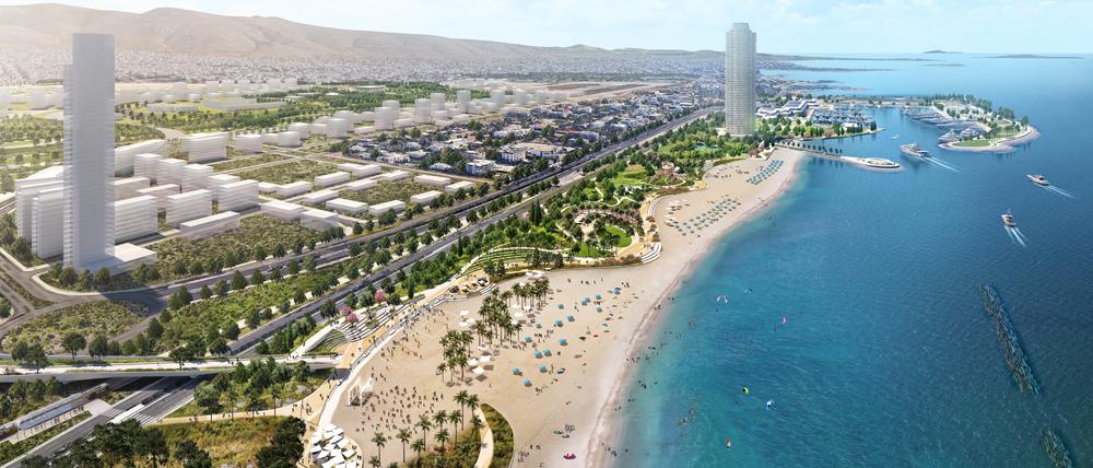 Ellinikon liegt an der Athener Riviera südöstlich des Stadtzentrums von Athen zwischen der Ägäis und dem Berg Hymettus und ist durchschnittlich nur 20 Autominuten von Stadtzentrum, Hafen und Flughafen entfernt. Die Anlage befindet sich auf dem Gelände des ehemaligen Flughafens von Athen an der städtischen Küste und erstreckt sich über eine Länge von 3,5 Kilometer.  