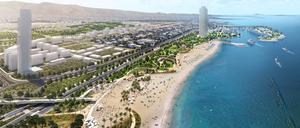 Ellinikon liegt an der Athener Riviera südöstlich des Stadtzentrums von Athen zwischen der Ägäis und dem Berg Hymettus und ist durchschnittlich nur 20 Autominuten von Stadtzentrum, Hafen und Flughafen entfernt. Die Anlage befindet sich auf dem Gelände des ehemaligen Flughafens von Athen an der städtischen Küste und erstreckt sich über eine Länge von 3,5 Kilometer.  