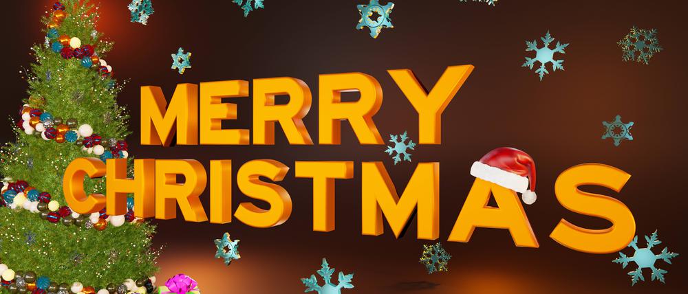 Der Slogan „Merry Christmas“ neben einem Weihnachtsbaum mit Geschenken. 