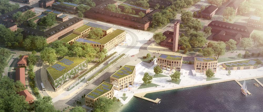 Krampnitz - so könnte der strittige Stadtplatz an der heutigen Bundesstraße 2 einmal aussehen. Links neben der Straßenbahn befindet sich der geplante Gewerbebau.