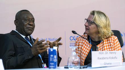 Der ghanaische Politiker Henry Kwabena Kokofu spricht mit Svenja Schulze (SPD), Bundesministerin für wirtschaftliche Zusammenarbeit und Entwicklung, während einer Sitzung auf dem UN-Klimagipfel COP27.