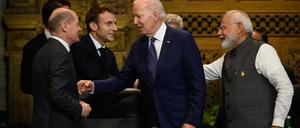  Bundeskanzler Olaf Scholz (v.l.n.r.), Präsident Emmanuel Macron, Präsident von Frankreich,  Joe Biden, US-Präsident und der indische Premierminister Narendra Modi.