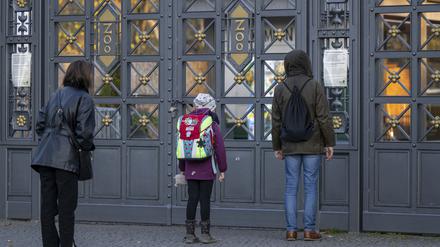Besucher stehen am Nachmittag vor einem geschlossenen Tor am Eingang zum Berliner Zoo.